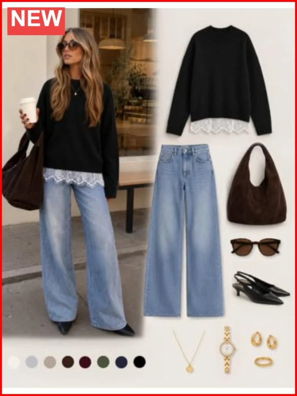 Oversized Lace Sweater Pullover Crew Neck Long Sleeve Knit